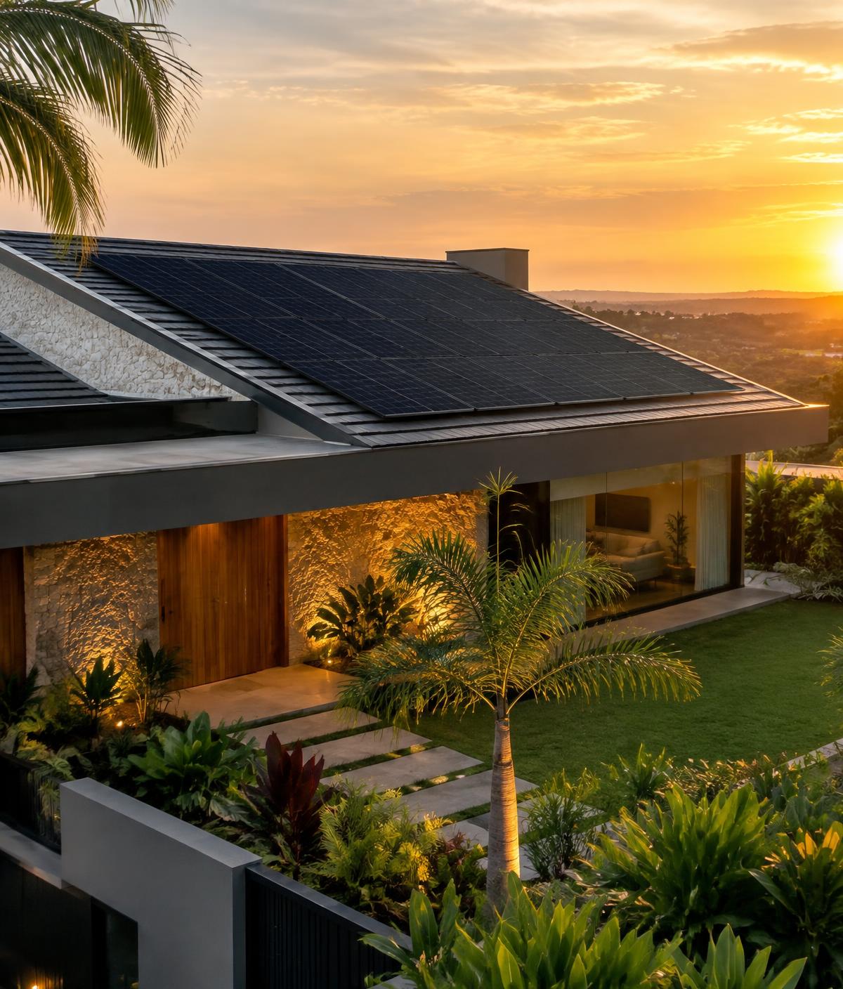 Residência moderna com painéis solares instalados