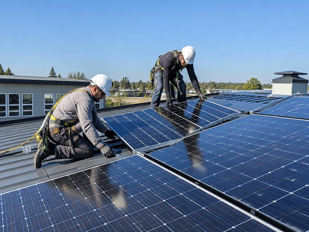 Equipe técnica GlobalFlex instalando painéis solares